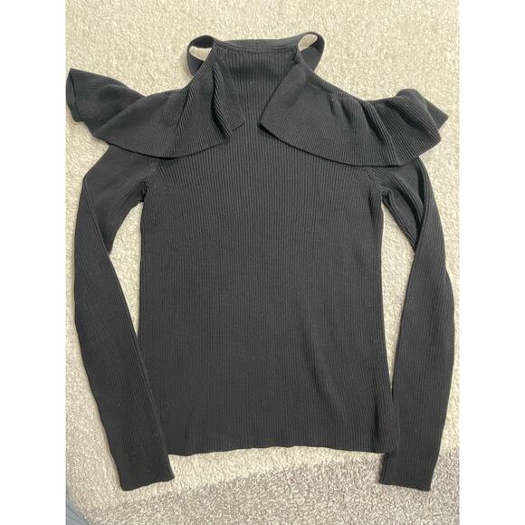 Max Edition Sweater Womens Small Open Shoulder Ruffled Black NEW MSRP $98 - Picture 2 of 10
